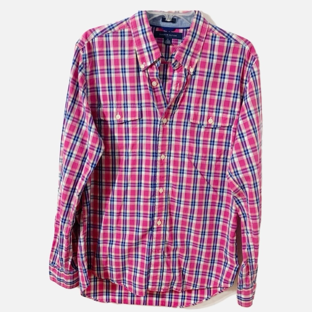 Tommy Hilfiger Slim Fit Cotton Long-Sleeve Button Down Plaid Shirt Two Pockets